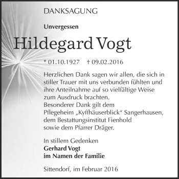 Traueranzeige von Hildegard Vogt von Super Sonntag SGH Mansf. Land