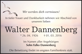 Traueranzeige von Walter Dannenberg von Mitteldeutsche Zeitung Halle/Saalkreis