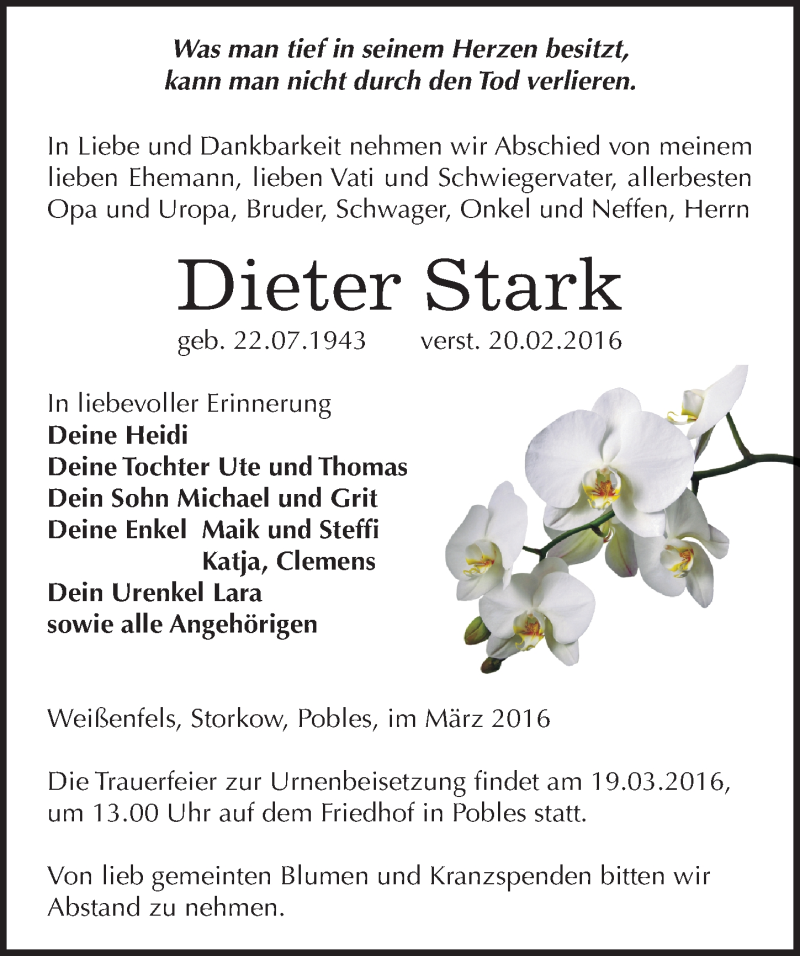  Traueranzeige für Dieter Stark vom 12.03.2016 aus Mitteldeutsche Zeitung Weißenfels