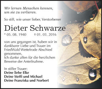 Traueranzeige von Dieter Schwarze von Mitteldeutsche Zeitung Sangerhausen