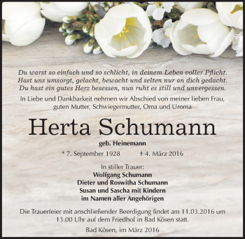 Traueranzeige von Herta Schumann von Mitteldeutsche Zeitung Naumburg/Nebra