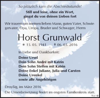 Traueranzeige von Horst Grunwald von Mitteldeutsche Zeitung Zeitz