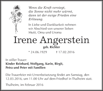 Traueranzeige von Irene Angerstein von WVG - Wochenspiegel Bitterfeld