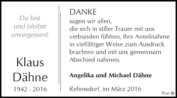 Traueranzeige von Kalus Dähne von Super Sonntag Zeitz