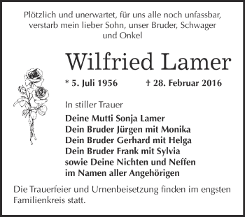 Traueranzeige von Wilfried Lamer von WVG - Wochenspiegel Bitterfeld