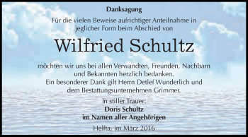 Traueranzeige von Wilfried Schultz von Wochenspiegel Mansfelder Land