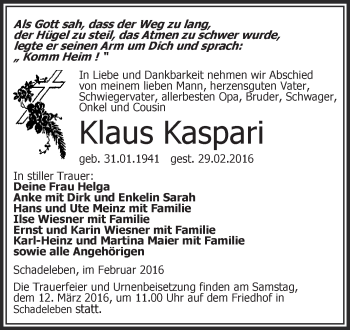 Traueranzeige von Klaus Kaspar von Super Sonntag Aschersleben