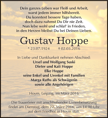 Traueranzeige von Gustav Hoppe von Mitteldeutsche Zeitung Aschersleben