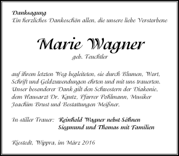 Traueranzeige von Marie Wagner von Mitteldeutsche Zeitung Sangerhausen