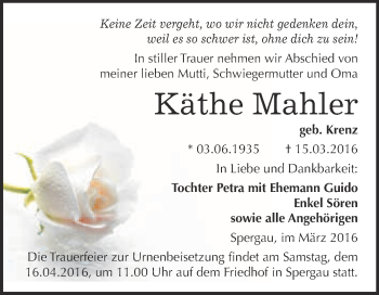 Traueranzeige von Käthe Mahler von Super Sonntag Merseburg