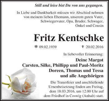 Traueranzeige von Fritz Kentschke von Mitteldeutsche Zeitung Wittenberg