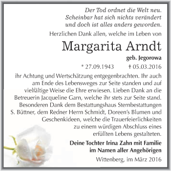 Traueranzeige von Margarita Arndt von Super Sonntag Wittenberg