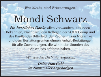 Traueranzeige von Mondi Schwarz von Mitteldeutsche Zeitung Bitterfeld