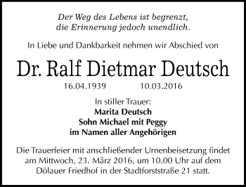 Traueranzeige von Ralf Dietmar Deutsch von Mitteldeutsche Zeitung Halle/Saalkreis
