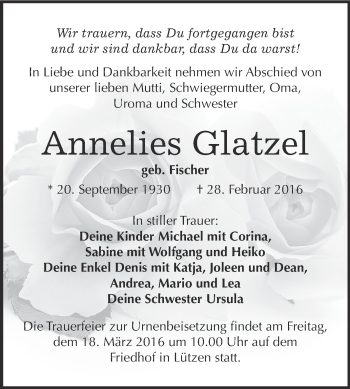 Traueranzeige von Annelies Glatzel von Super Sonntag Merseburg
