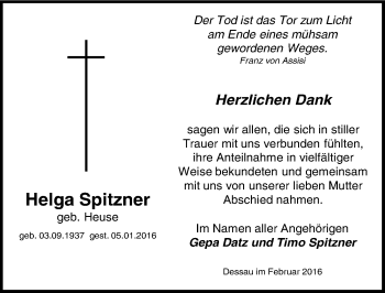 Traueranzeige von Helga Spitzner von Mitteldeutsche Zeitung Dessau-Roßlau