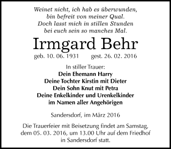 Traueranzeige von Irmgard Behr von Mitteldeutsche Zeitung Bitterfeld