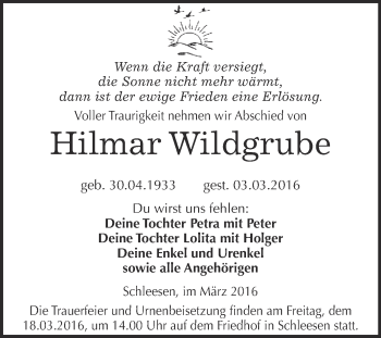 Traueranzeige von Hilmar Wildgrube von WVG - Wochenspiegel Wittenberg