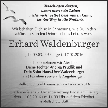 Traueranzeige von Erhard Waldenburger von WVG - Wochenspiegel NMB / WSF / ZTZ