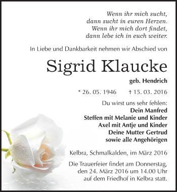 Traueranzeige von Sigrid Klaucke von Mitteldeutsche Zeitung Sangerhausen