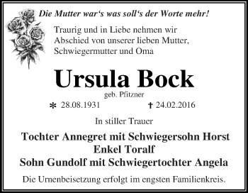 Traueranzeige von Ursula Bock von WVG - Wochenspiegel Dessau / Köthen