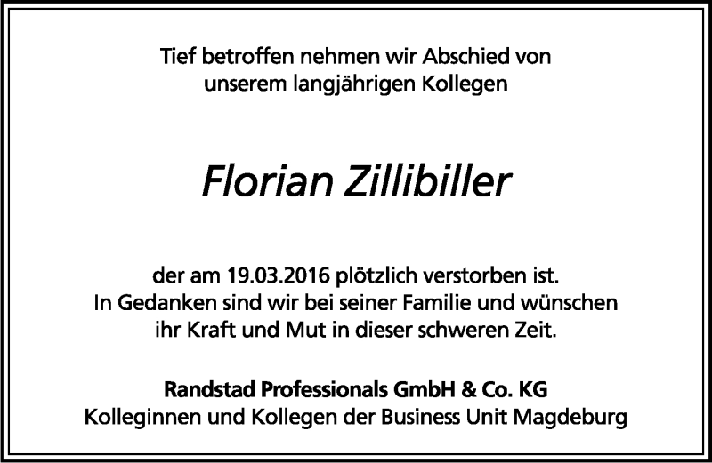  Traueranzeige für Florian Zillibiller vom 26.03.2016 aus Mitteldeutsche Zeitung