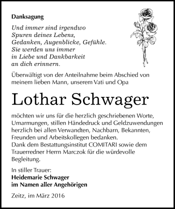 Traueranzeige von Lothar Schwager von Mitteldeutsche Zeitung Zeitz
