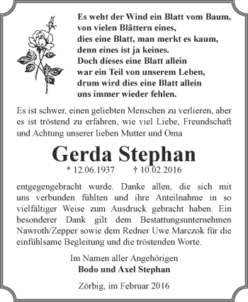Traueranzeige von Gerda Stephan von WVG - Wochenspiegel Bitterfeld