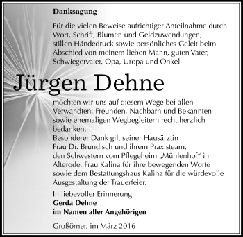 Traueranzeige von Jürgen Dehne von Mitteldeutsche Zeitung Mansfelder Land