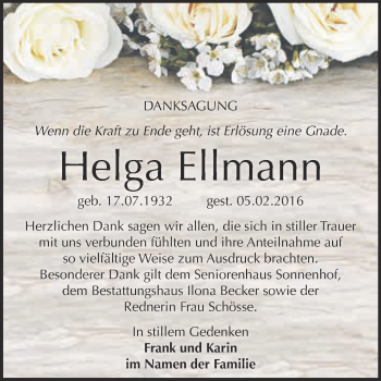 Traueranzeige von Helga Ellmann von Super Sonntag SGH Mansf. Land