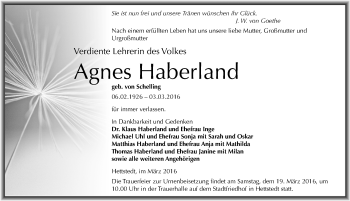 Traueranzeige von Agnes Haberland von Mitteldeutsche Zeitung Mansfelder Land