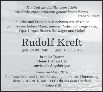 Traueranzeige von Rudolf Kreft von WVG - Wochenspiegel Wittenberg