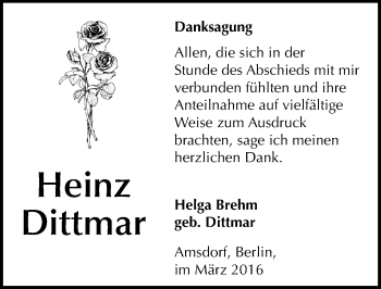 Traueranzeige von Heinz Dittmar von Mitteldeutsche Zeitung Mansfelder Land