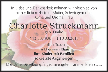 Traueranzeige von Charlotte Struckmann von Super Sonntag Zeitz
