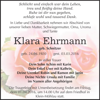 Traueranzeige von Klara Ehrmann von WVG - Wochenspiegel Bitterfeld