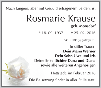 Traueranzeige von Rosmarie Krause von Mitteldeutsche Zeitung Mansfelder Land