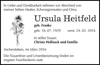 Traueranzeige von Ursula Heitfeld von Mitteldeutsche Zeitung Aschersleben