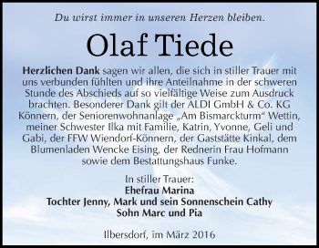 Traueranzeige von Olaf Tiede von Super Sonntag Bernburg