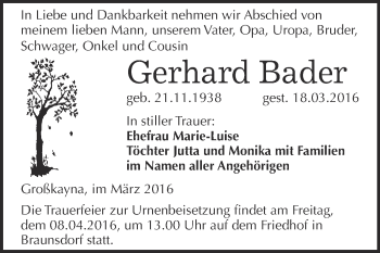 Traueranzeige von Gerhard Bader von WVG - Wochenspiegel Merseburg