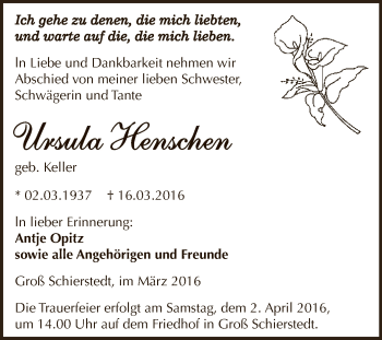 Traueranzeige von Ursula Henschen von Super Sonntag Aschersleben