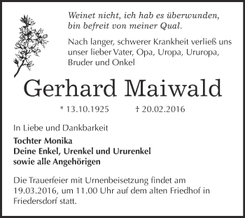 Traueranzeige von Gerhard Maiwald von WVG - Wochenspiegel Bitterfeld