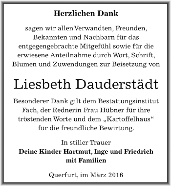 Traueranzeige von Liesbeth Dauderstädt von Mitteldeutsche Zeitung Merseburg/Querfurt