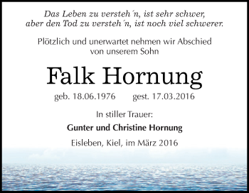 Traueranzeige von Falk Hornung von Wochenspiegel Mansfelder Land