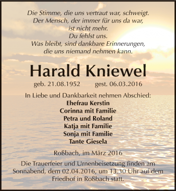 Traueranzeige von Harald Kniewel von Mitteldeutsche Zeitung Merseburg/Querfurt