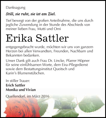 Traueranzeige von Erika Sattler von WVG - Wochenspiegel Dessau / Köthen