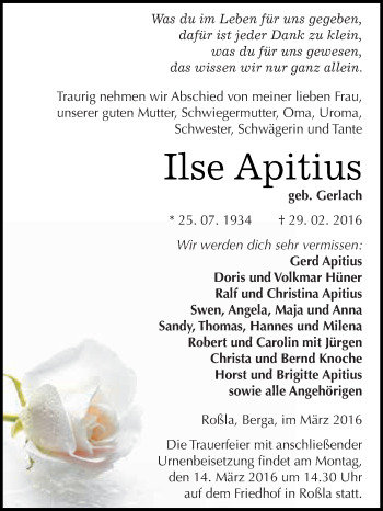 Traueranzeige von Ilse Apitius von Super Sonntag SGH Mansf. Land