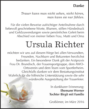 Traueranzeige von Ursula Richter von Super Sonntag SGH Mansf. Land