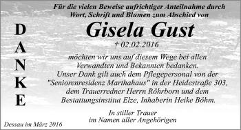 Traueranzeige von Gisela Gust von Mitteldeutsche Zeitung Dessau-Roßlau