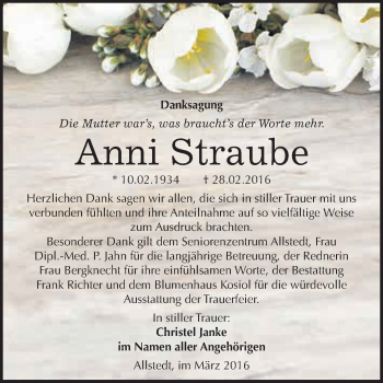 Traueranzeige von Anni Straube von Super Sonntag SGH Mansf. Land