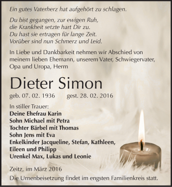 Traueranzeige von Dieter Simon von Mitteldeutsche Zeitung Zeitz